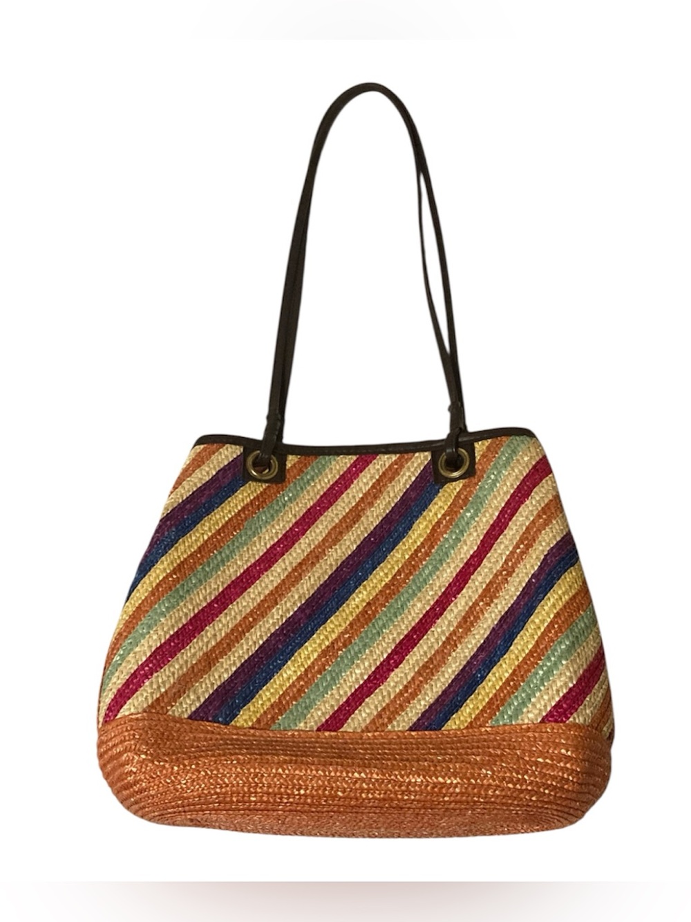Colorful Diagonal Stripe Woven Straw Boho Shoulder Bag Purse with Brown Handles
